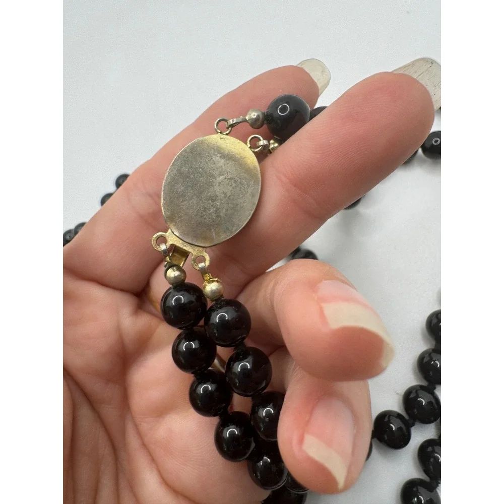 Vintage Black Double Strand Beaded Necklace Gold Tone Cabochon Gothic Victorian